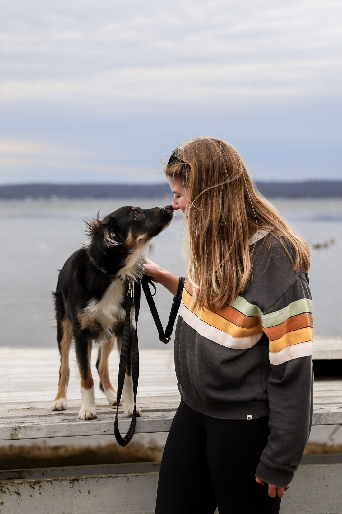 australian shepherd mix puppy and dog mom by a lake